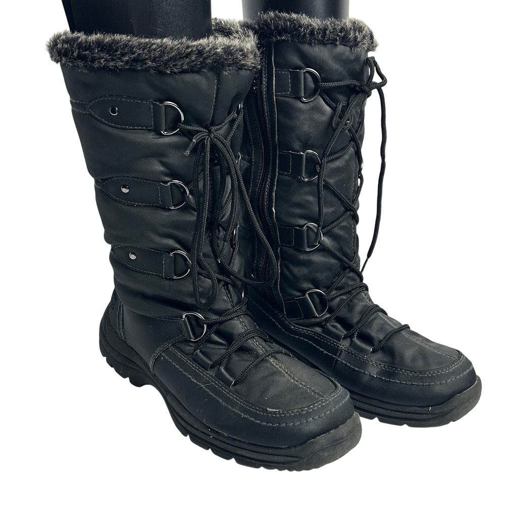 Totes Emily Black Faux Fur Trim Winter Snow Boots Size 8M Side Zip LaceUp Flaw